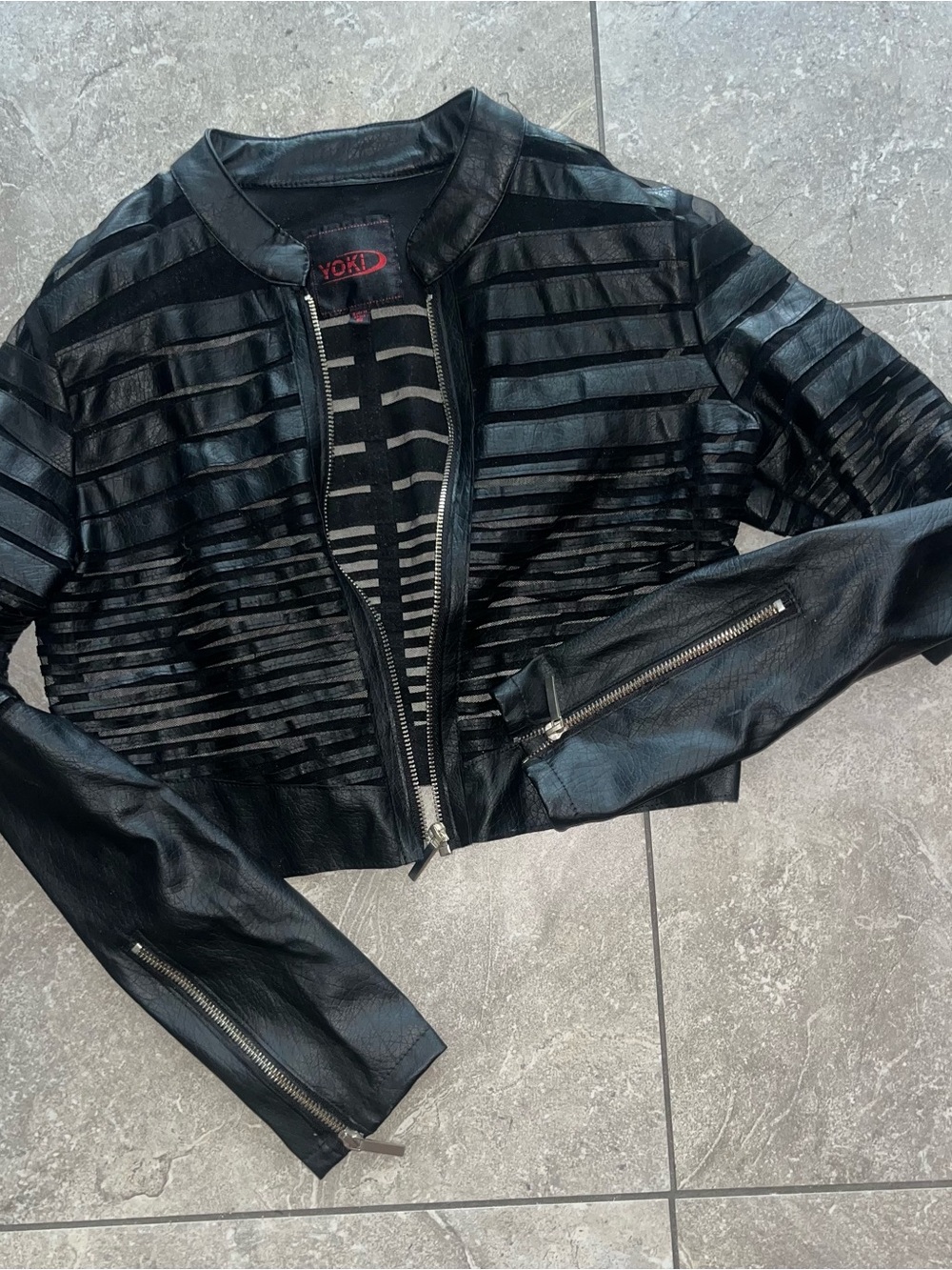 Yoki Black Striped Cropped Faux Leather Zip Jacket